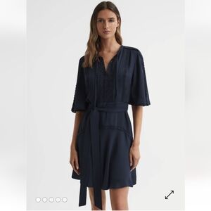 Reiss Felicity High Neck Lace Mini Dress in Navy